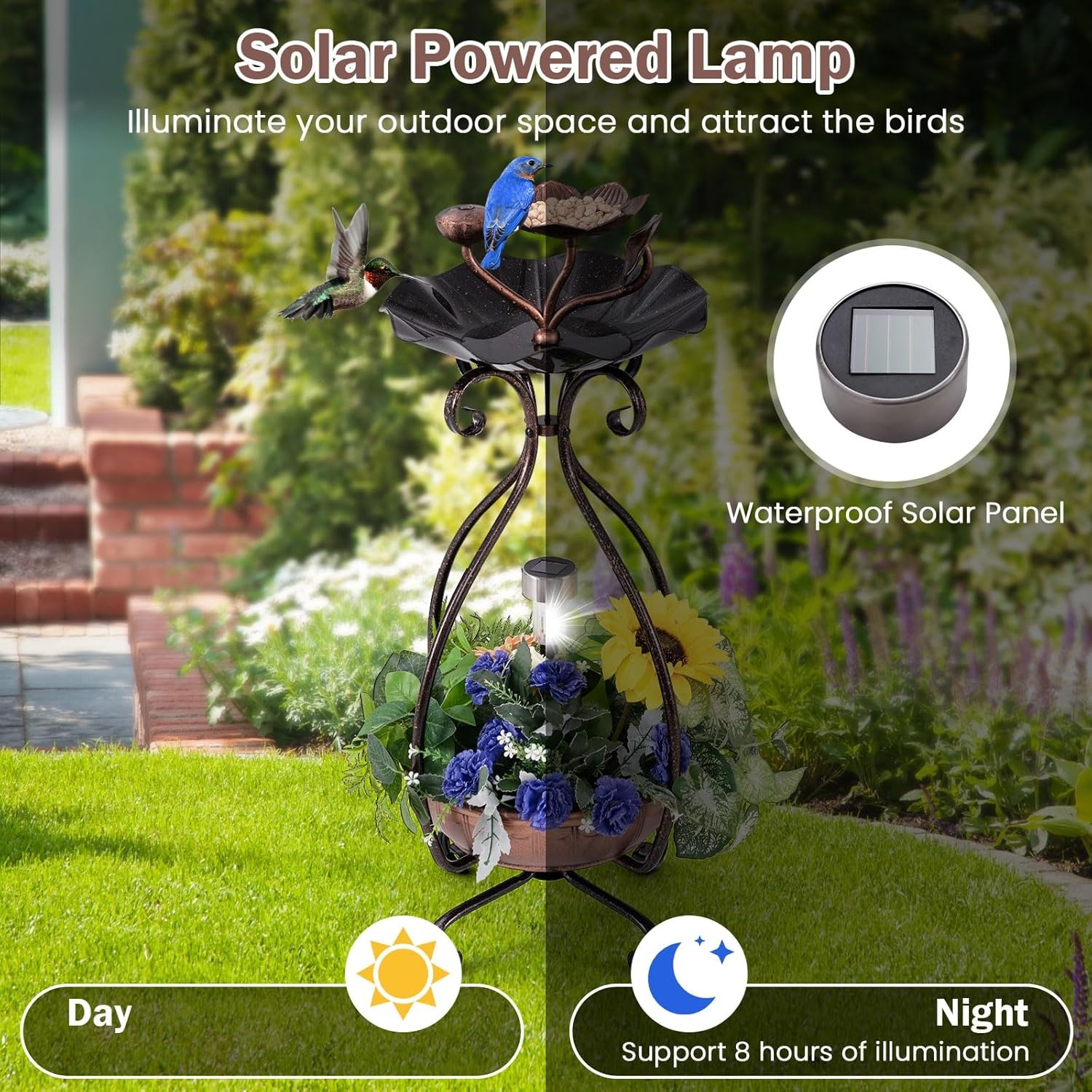 image:imageGiantex Bird Bath with Planter Solar Lighted Bird Bath for Outside with Bird Feeder Lotus Water Bowl for Bathing Flower Planter with Drainage Holes Standing Birdbath for Garden Yard BronzeBronze