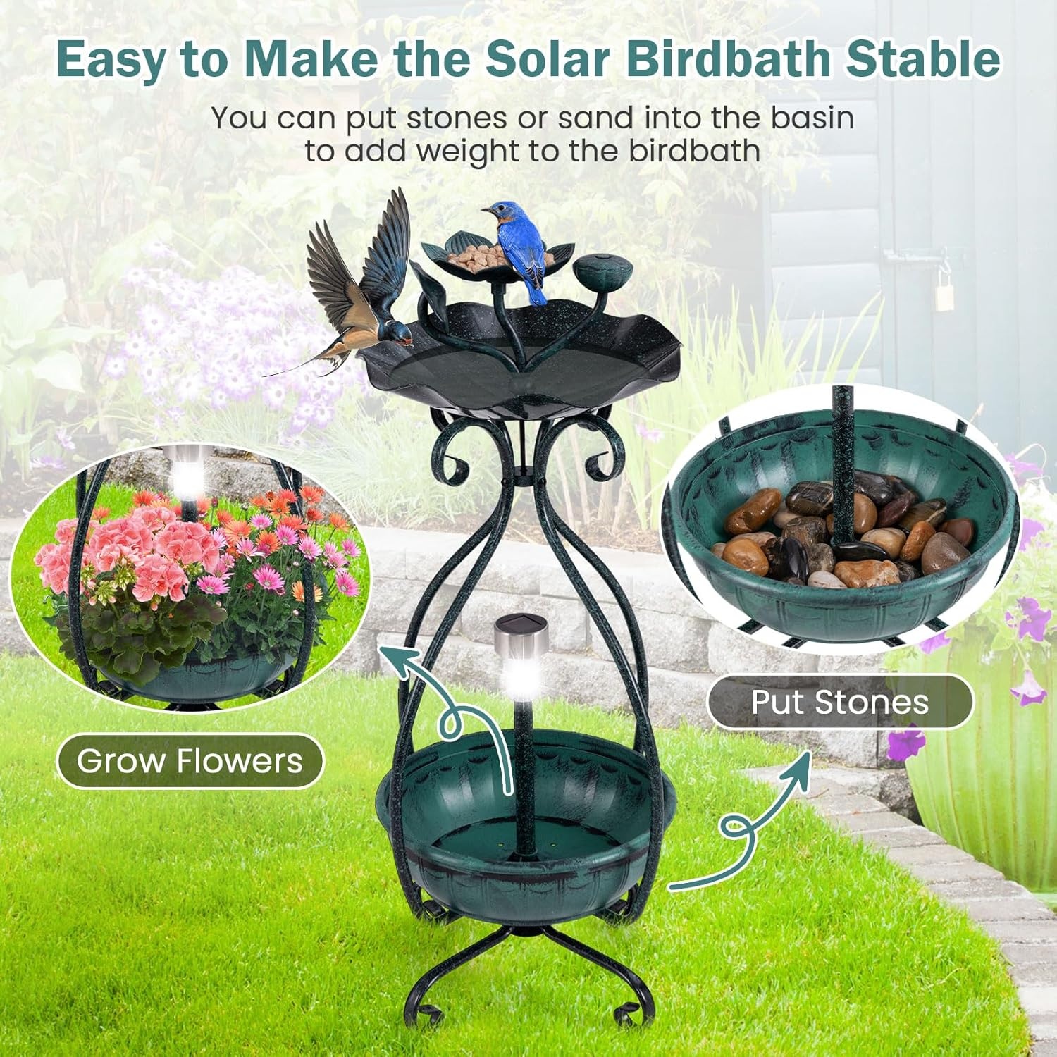 image:imageGiantex Bird Bath with Planter Solar Lighted Bird Bath for Outside with Bird Feeder Lotus Water Bowl for Bathing Flower Planter with Drainage Holes Standing Birdbath for Garden Yard BronzeGreen