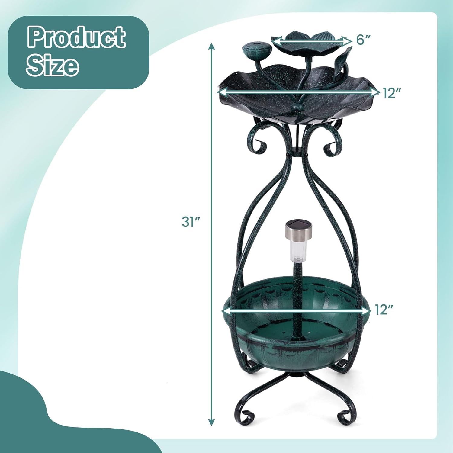 image:imageGiantex Bird Bath with Planter Solar Lighted Bird Bath for Outside with Bird Feeder Lotus Water Bowl for Bathing Flower Planter with Drainage Holes Standing Birdbath for Garden Yard BronzeGreen