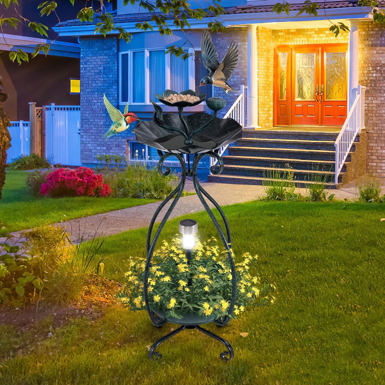 image:imageGiantex Bird Bath with Planter Solar Lighted Bird Bath for Outside with Bird Feeder Lotus Water Bowl for Bathing Flower Planter with Drainage Holes Standing Birdbath for Garden Yard BronzeGreen