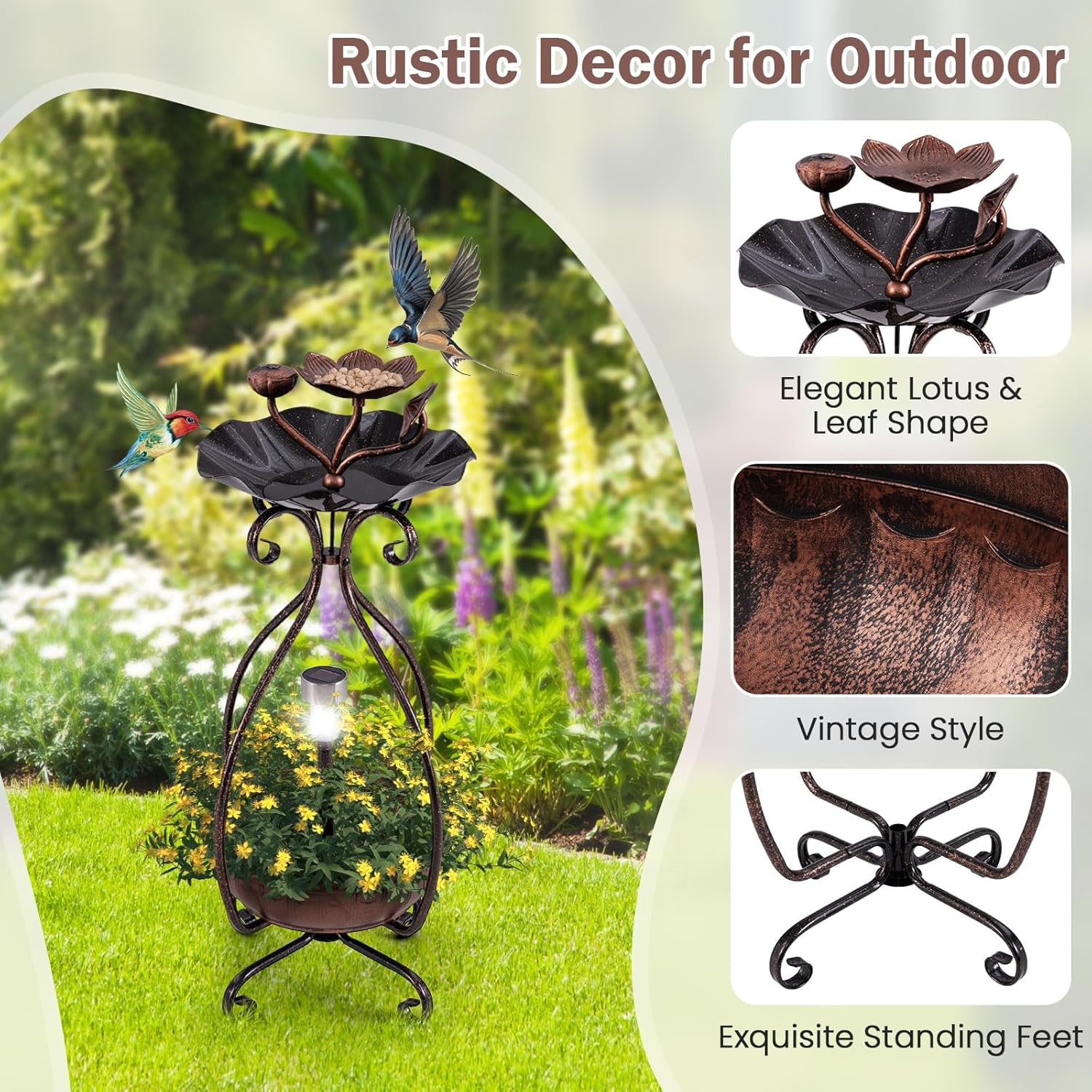 image:imageGiantex Bird Bath with Planter Solar Lighted Bird Bath for Outside with Bird Feeder Lotus Water Bowl for Bathing Flower Planter with Drainage Holes Standing Birdbath for Garden Yard BronzeBronze