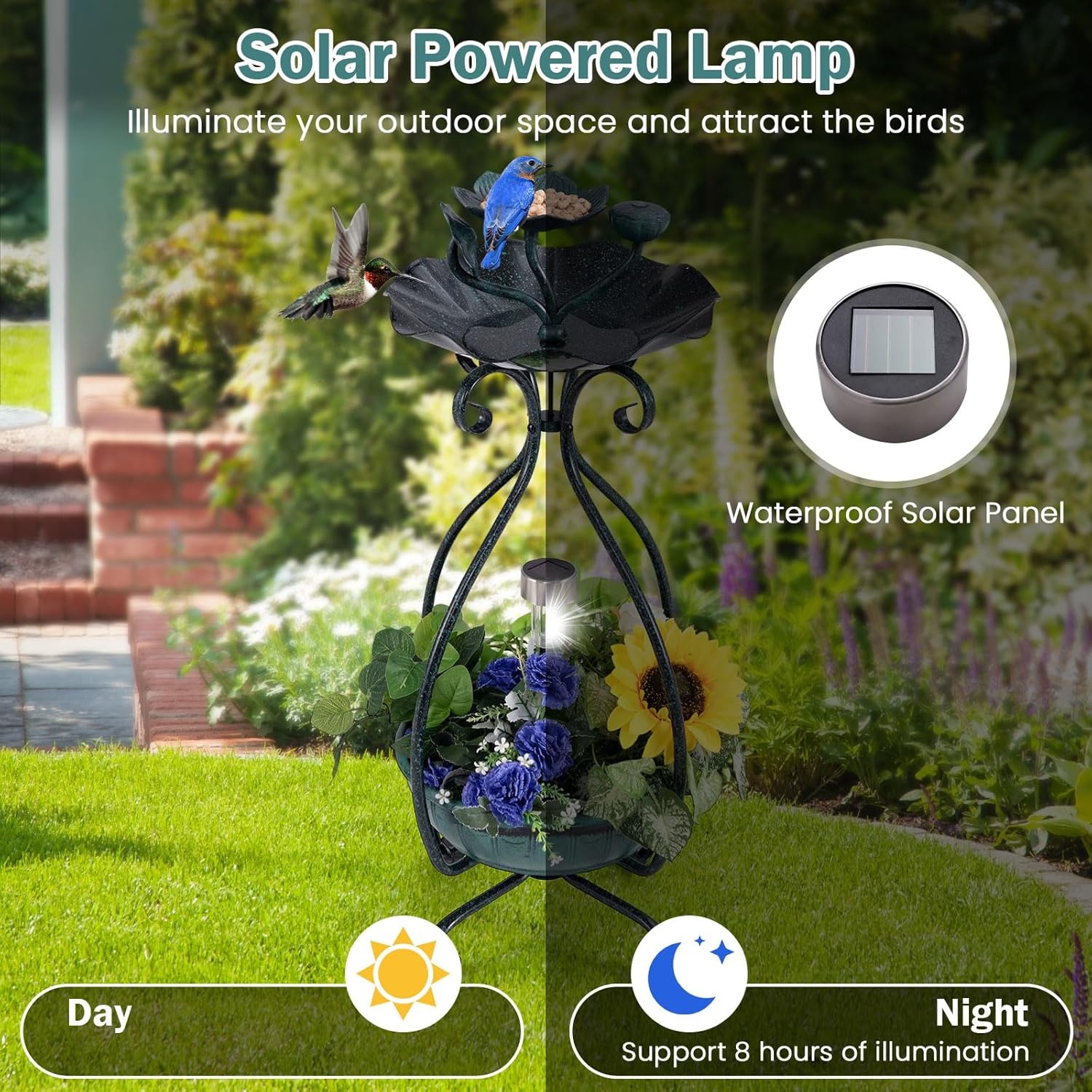 image:imageGiantex Bird Bath with Planter Solar Lighted Bird Bath for Outside with Bird Feeder Lotus Water Bowl for Bathing Flower Planter with Drainage Holes Standing Birdbath for Garden Yard BronzeGreen