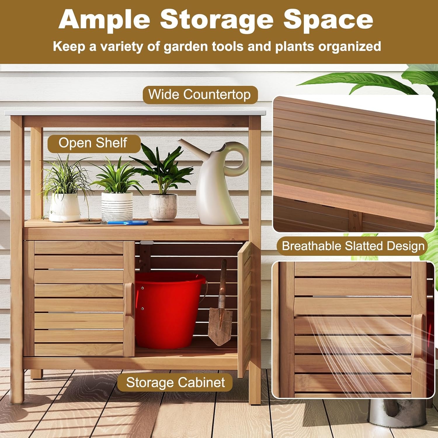 image:imageGiantex Outdoor Potting Bench Acacia Wood Planting Workstation with 2Door Storage Cabinet Faux Marble Tabletop Open Storage Shelves Garden Potting Table for Horticulture315Lx16Wx355H