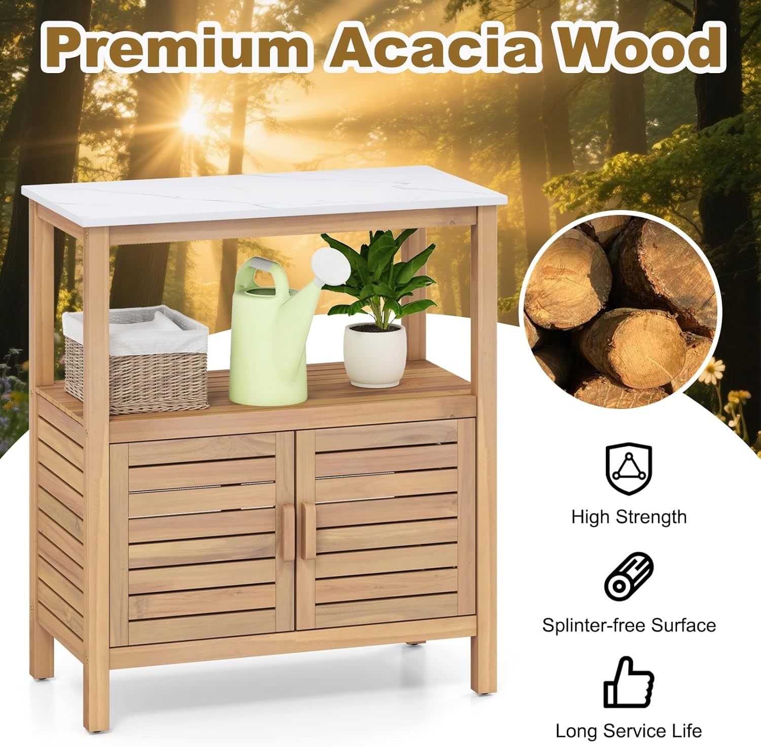 image:imageGiantex Outdoor Potting Bench Acacia Wood Planting Workstation with 2Door Storage Cabinet Faux Marble Tabletop Open Storage Shelves Garden Potting Table for Horticulture315Lx16Wx355H