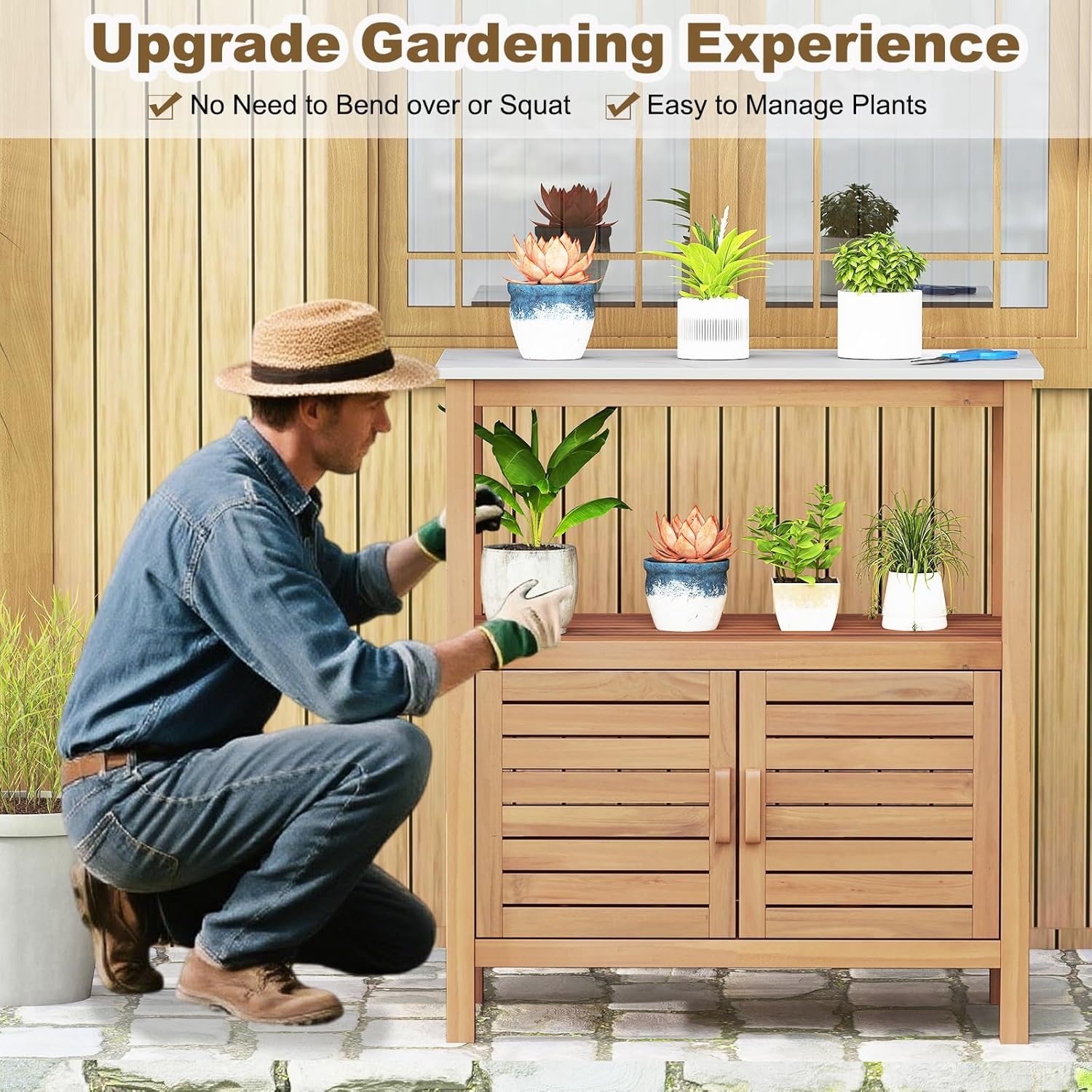 image:imageGiantex Outdoor Potting Bench Acacia Wood Planting Workstation with 2Door Storage Cabinet Faux Marble Tabletop Open Storage Shelves Garden Potting Table for Horticulture315Lx16Wx355H