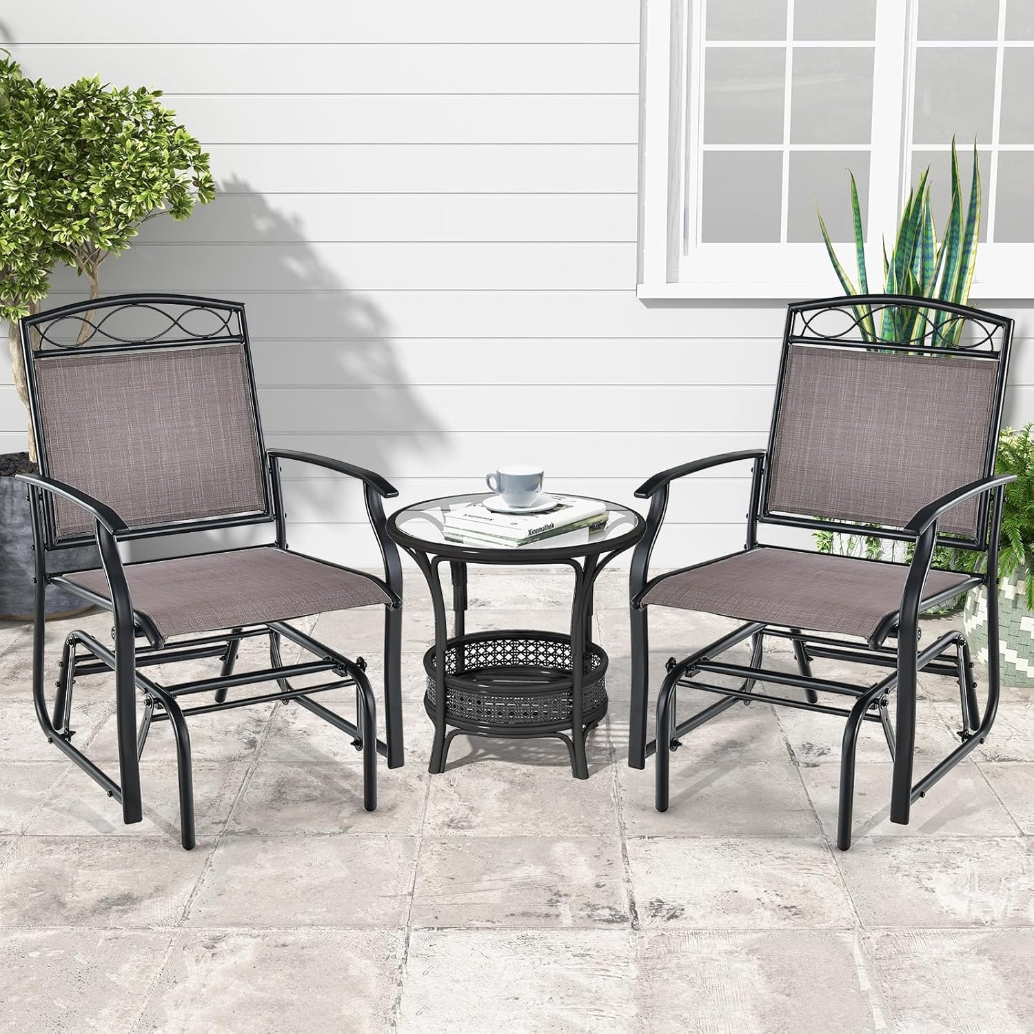 image:imageGiantex Patio Glider Chairs Set 2 PCS Gliding Rocking Chairs wWeatherResistant Fabric HeavyDuty Metal Frame 400 Lbs Weight Capacity Outdoor Swing Glider for Garden Yard Poolside 2 BrownBrown