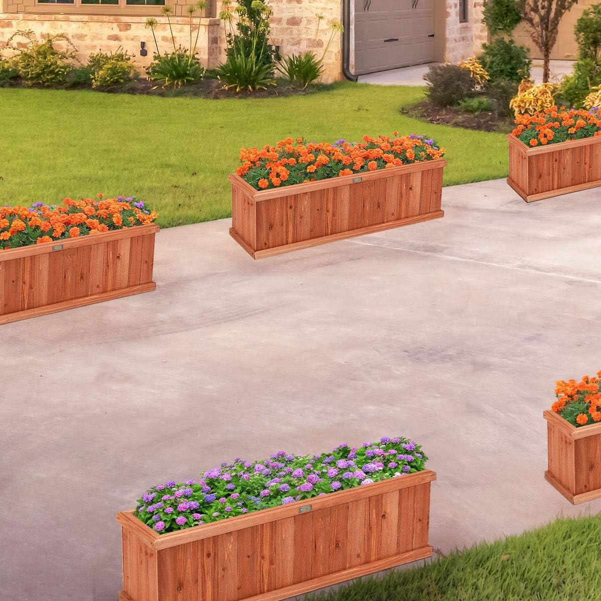 image:imageGiantex Raised Garden Bed Set of 2 31x14x12 Wooden Elevated Planter Box with 4 Drainage Holes amp Detachable Bottom Panels Flower Bed Rectangular Plant Container for Vegetables Herbs amp FruitsCedar Brown