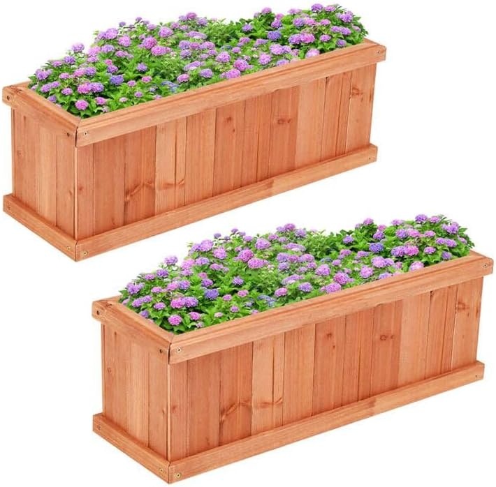 image:imageGiantex Raised Garden Bed Set of 2 31x14x12 Wooden Elevated Planter Box with 4 Drainage Holes amp Detachable Bottom Panels Flower Bed Rectangular Plant Container for Vegetables Herbs amp FruitsCedar Brown