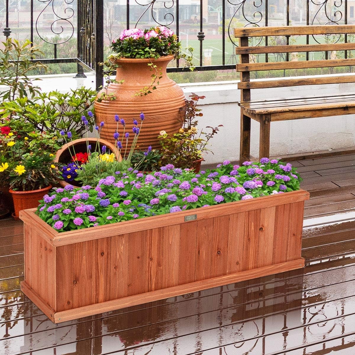 image:imageGiantex Raised Garden Bed Set of 2 31x14x12 Wooden Elevated Planter Box with 4 Drainage Holes amp Detachable Bottom Panels Flower Bed Rectangular Plant Container for Vegetables Herbs amp FruitsCedar Brown