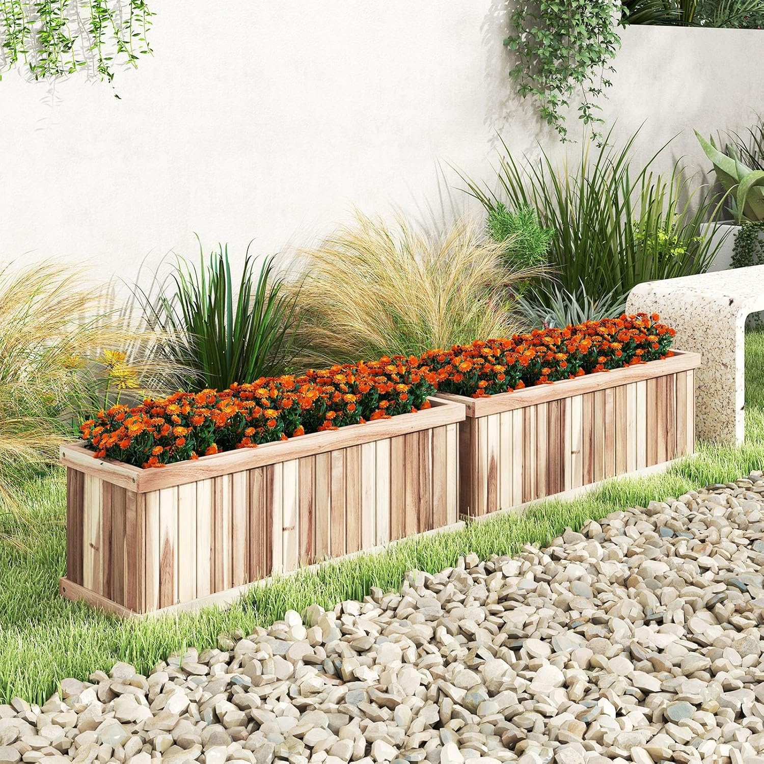 image:imageGiantex Raised Garden Bed Set of 2 31x14x12 Wooden Elevated Planter Box with 4 Drainage Holes amp Detachable Bottom Panels Flower Bed Rectangular Plant Container for Vegetables Herbs amp FruitsNatural