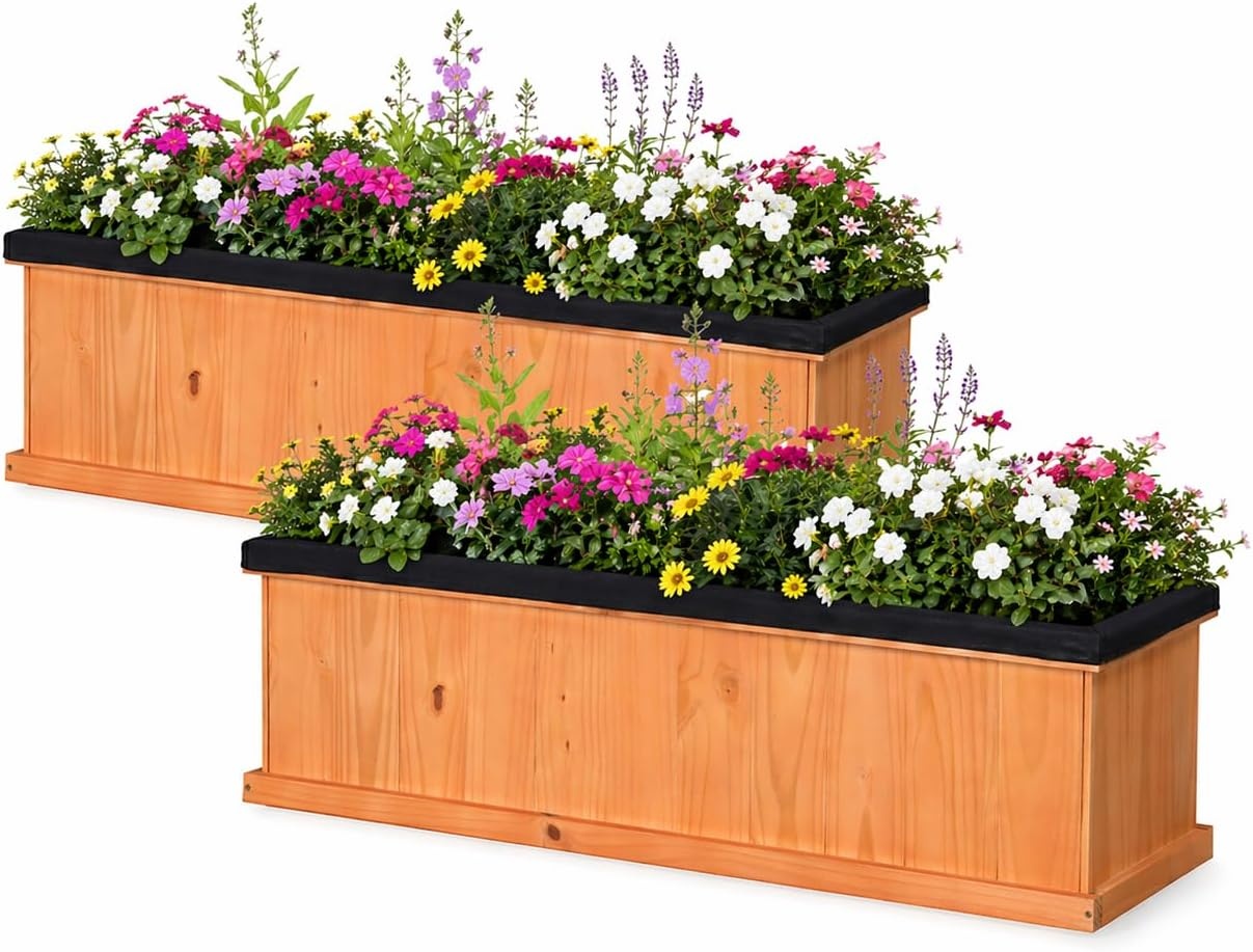 image:imageGiantex Raised Garden Bed Set of 2 31x14x12 Wooden Elevated Planter Box with 4 Drainage Holes amp Detachable Bottom Panels Flower Bed Rectangular Plant Container for Vegetables Herbs amp FruitsOrange