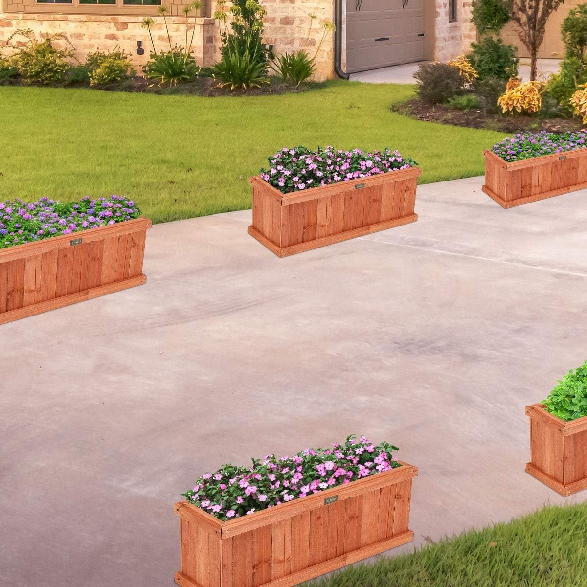 image:imageGiantex Raised Garden Bed Set of 2 31x14x12 Wooden Elevated Planter Box with 4 Drainage Holes amp Detachable Bottom Panels Flower Bed Rectangular Plant Container for Vegetables Herbs amp FruitsCedar Brown
