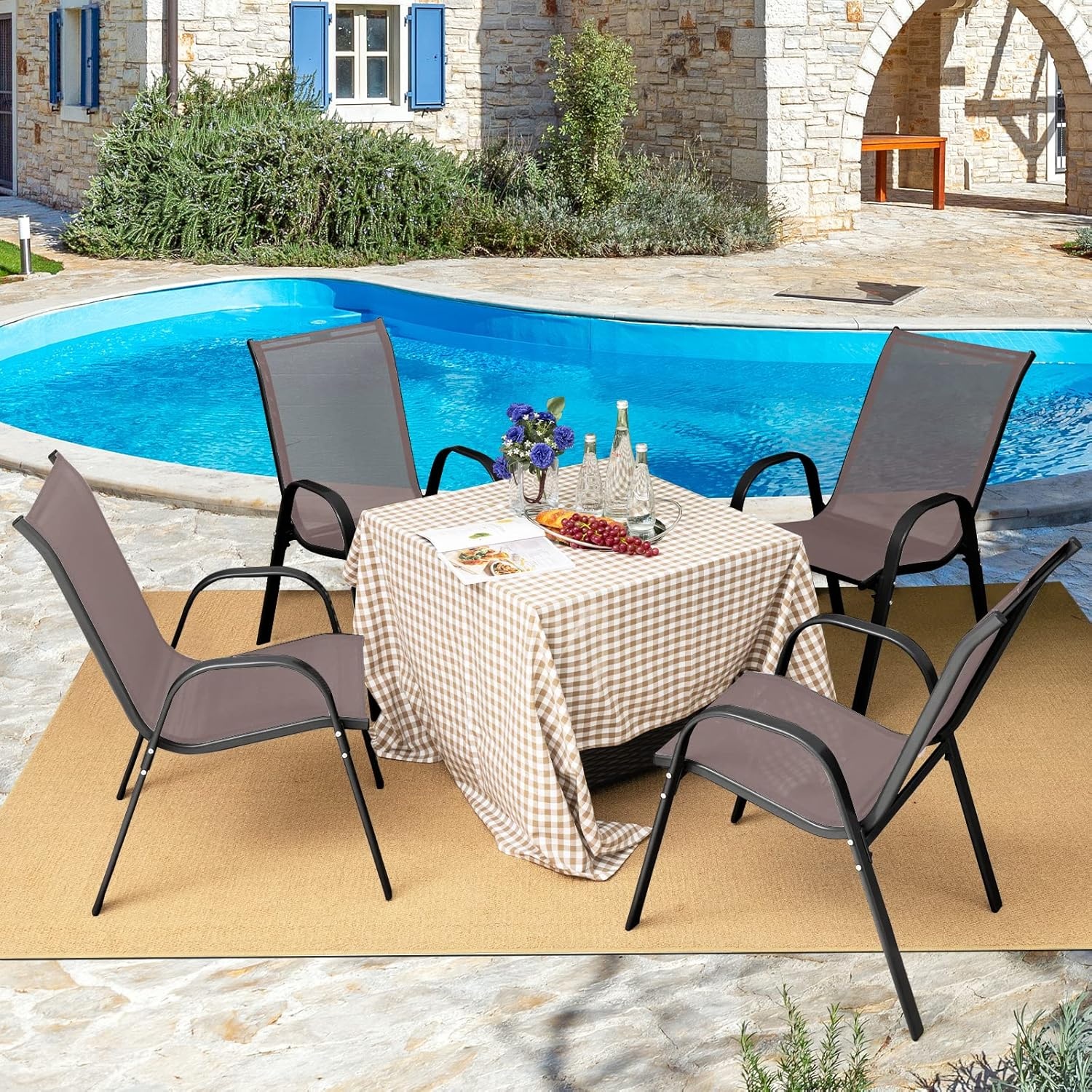 image:imageGiantex Set of 4 Patio Chairs Stackable Outdoor Dining Chairs 330 LBS Capacity All Weather Resistant Heavy Duty Rustproof Metal Armchairs Lawn Chairs for Front Porch Yard Pool GardenBrown