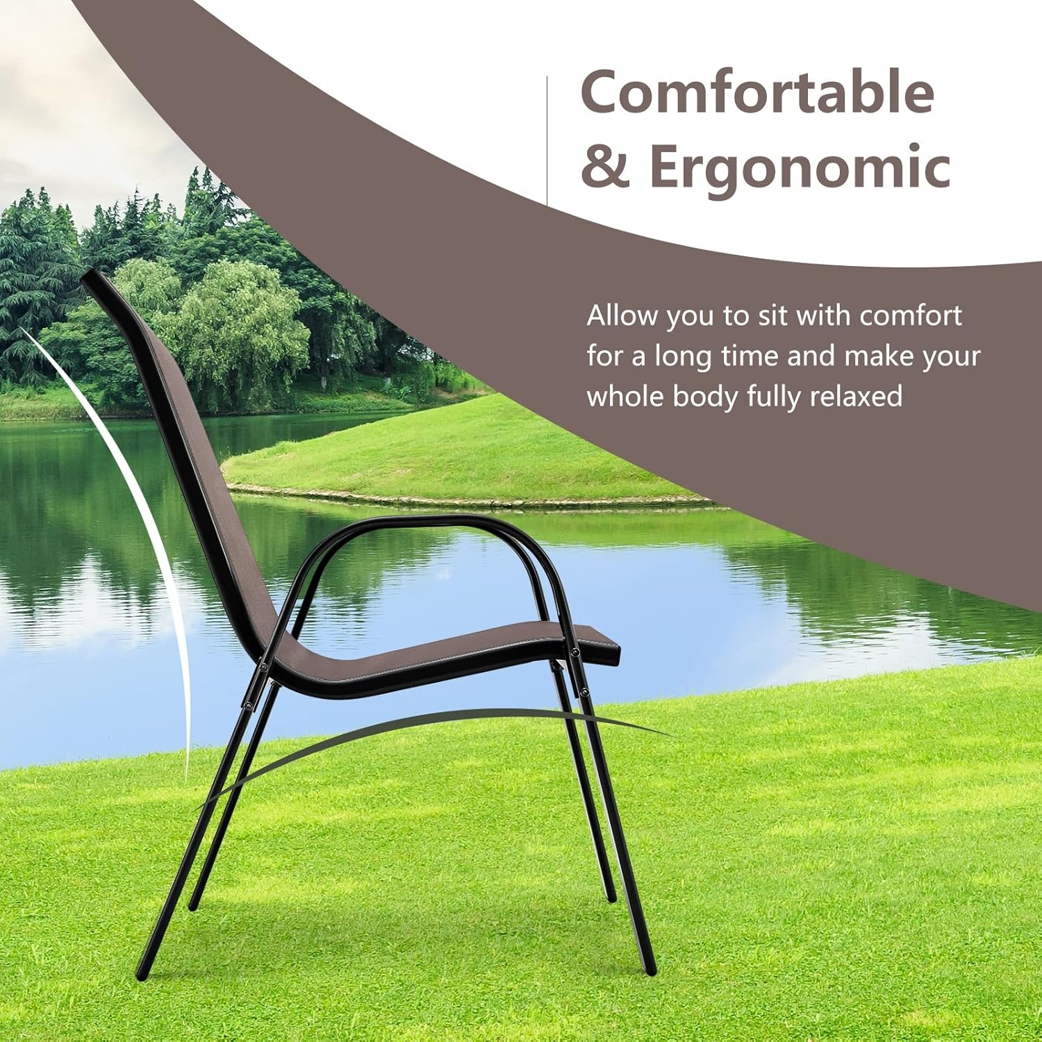 image:imageGiantex Set of 4 Patio Chairs Stackable Outdoor Dining Chairs 330 LBS Capacity All Weather Resistant Heavy Duty Rustproof Metal Armchairs Lawn Chairs for Front Porch Yard Pool GardenBrown