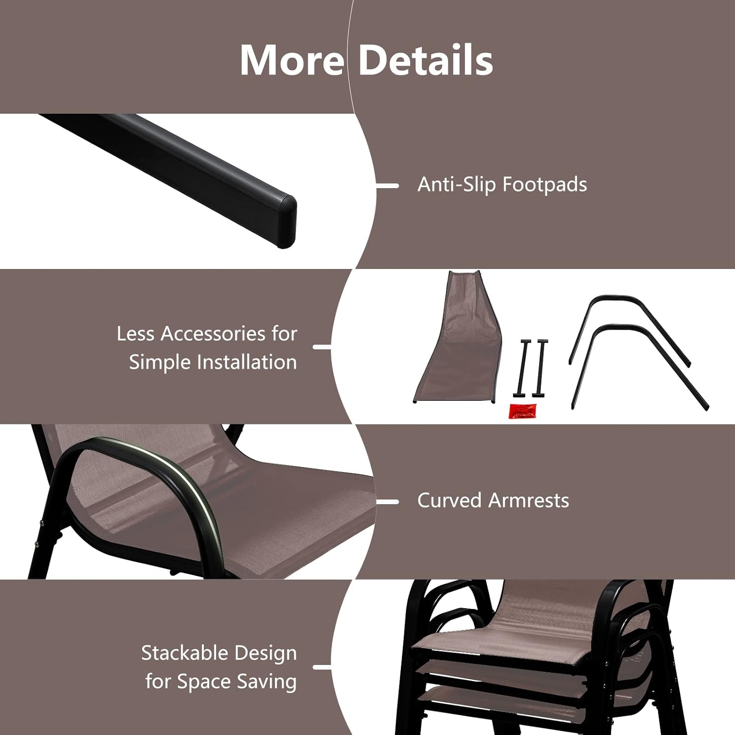 image:imageGiantex Set of 4 Patio Chairs Stackable Outdoor Dining Chairs 330 LBS Capacity All Weather Resistant Heavy Duty Rustproof Metal Armchairs Lawn Chairs for Front Porch Yard Pool GardenBrown
