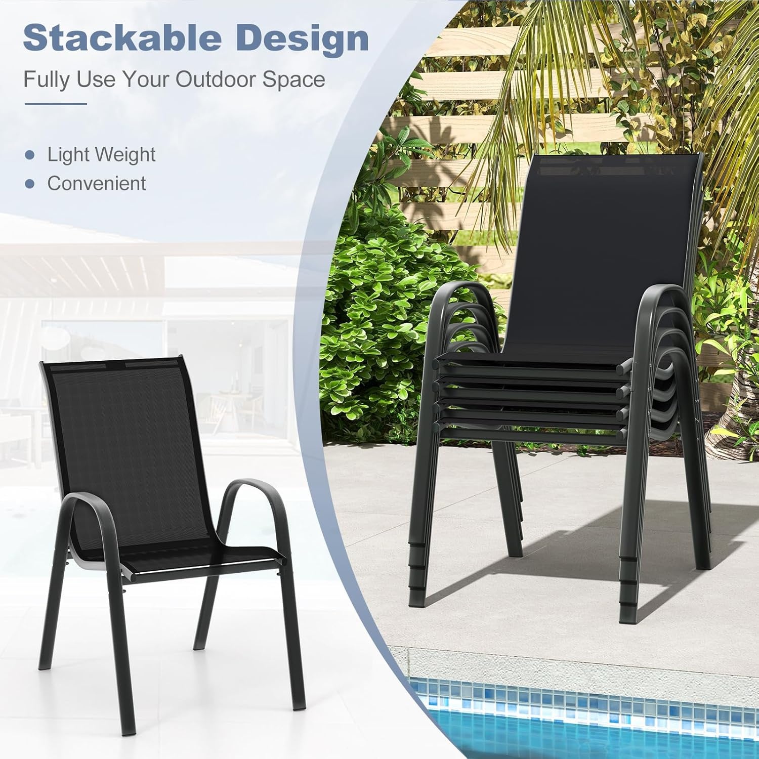 image:imageGiantex Set of 4 Patio Chairs Stackable Outdoor Dining Chairs 330 LBS Capacity All Weather Resistant Heavy Duty Rustproof Metal Armchairs Lawn Chairs for Front Porch Yard Pool GardenBlack