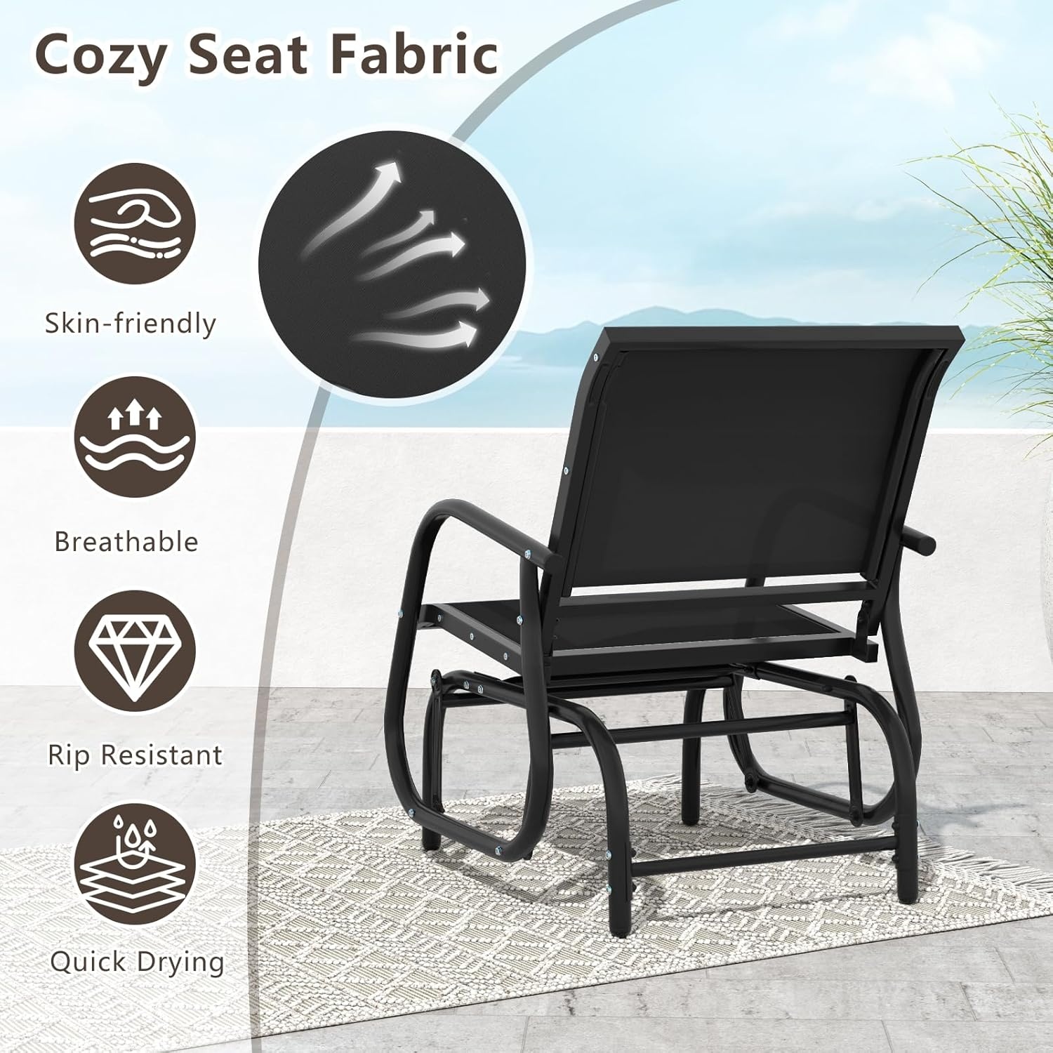 image:imageGiantex Swing Glider Chair WStudy Metal Frame Comfortable Patio Chair LoveSeat for Garden Porch Backyard Poolside Lawn Outdoor Rocking Chair 2 BrownBlack