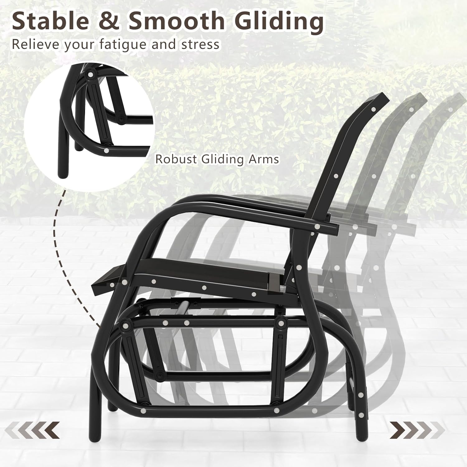 image:imageGiantex Swing Glider Chair WStudy Metal Frame Comfortable Patio Chair LoveSeat for Garden Porch Backyard Poolside Lawn Outdoor Rocking Chair 2 BrownBlack