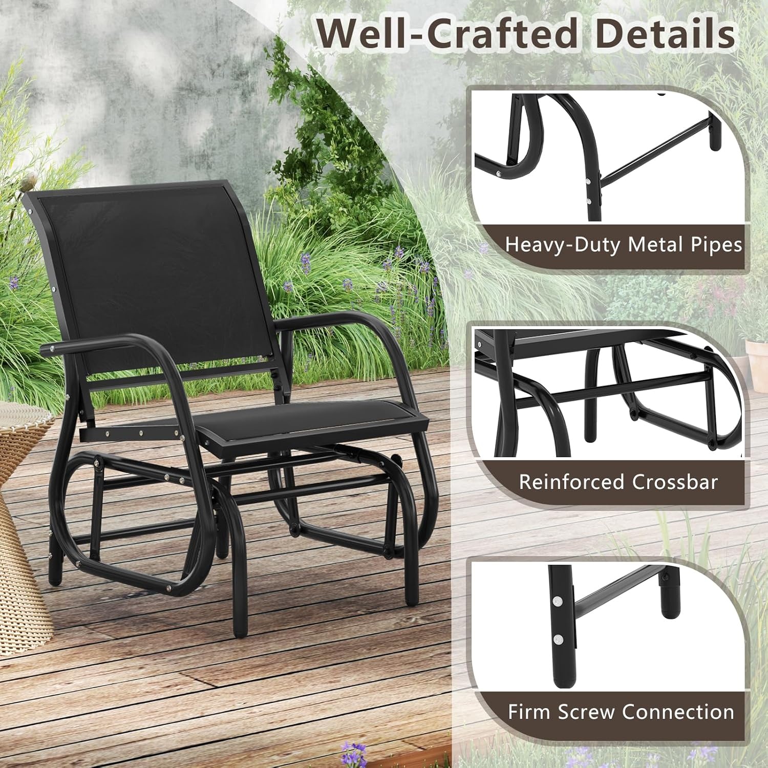 image:imageGiantex Swing Glider Chair WStudy Metal Frame Comfortable Patio Chair LoveSeat for Garden Porch Backyard Poolside Lawn Outdoor Rocking Chair 2 BrownBlack