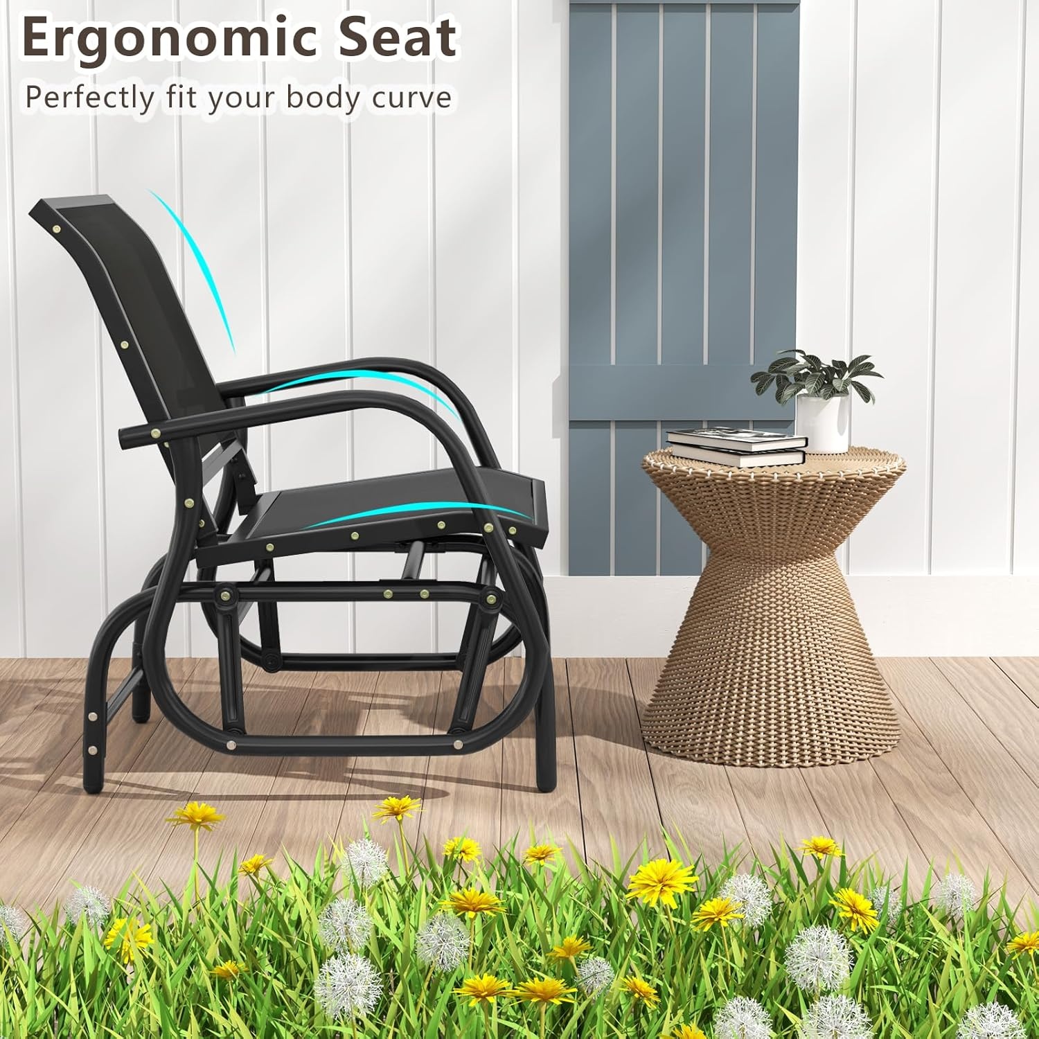image:imageGiantex Swing Glider Chair WStudy Metal Frame Comfortable Patio Chair LoveSeat for Garden Porch Backyard Poolside Lawn Outdoor Rocking Chair 2 BrownBlack