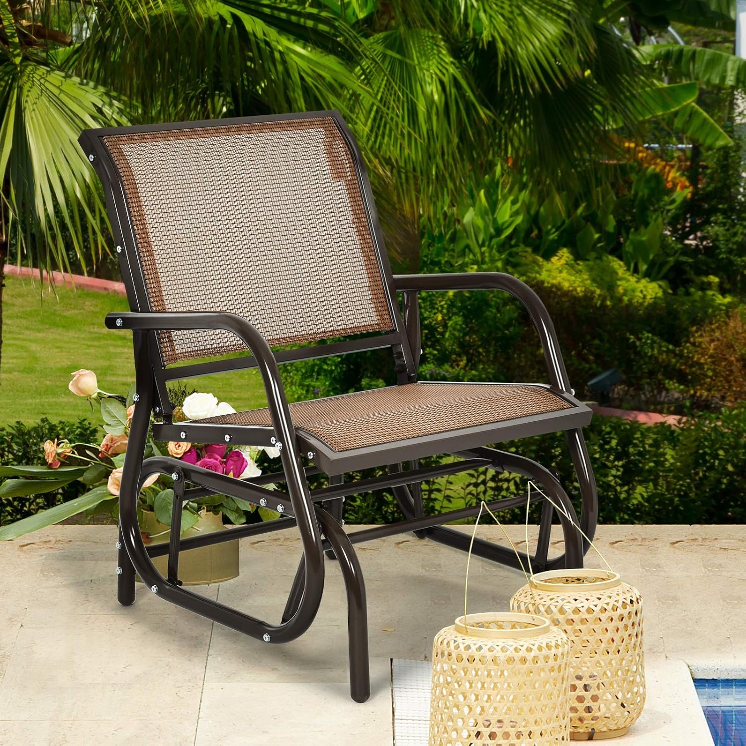 image:imageGiantex Swing Glider Chair WStudy Metal Frame Comfortable Patio Chair LoveSeat for Garden Porch Backyard Poolside Lawn Outdoor Rocking Chair 2 BrownBrown