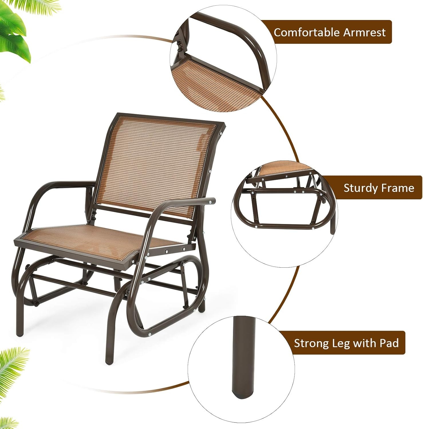 image:imageGiantex Swing Glider Chair WStudy Metal Frame Comfortable Patio Chair LoveSeat for Garden Porch Backyard Poolside Lawn Outdoor Rocking Chair 2 BrownBrown