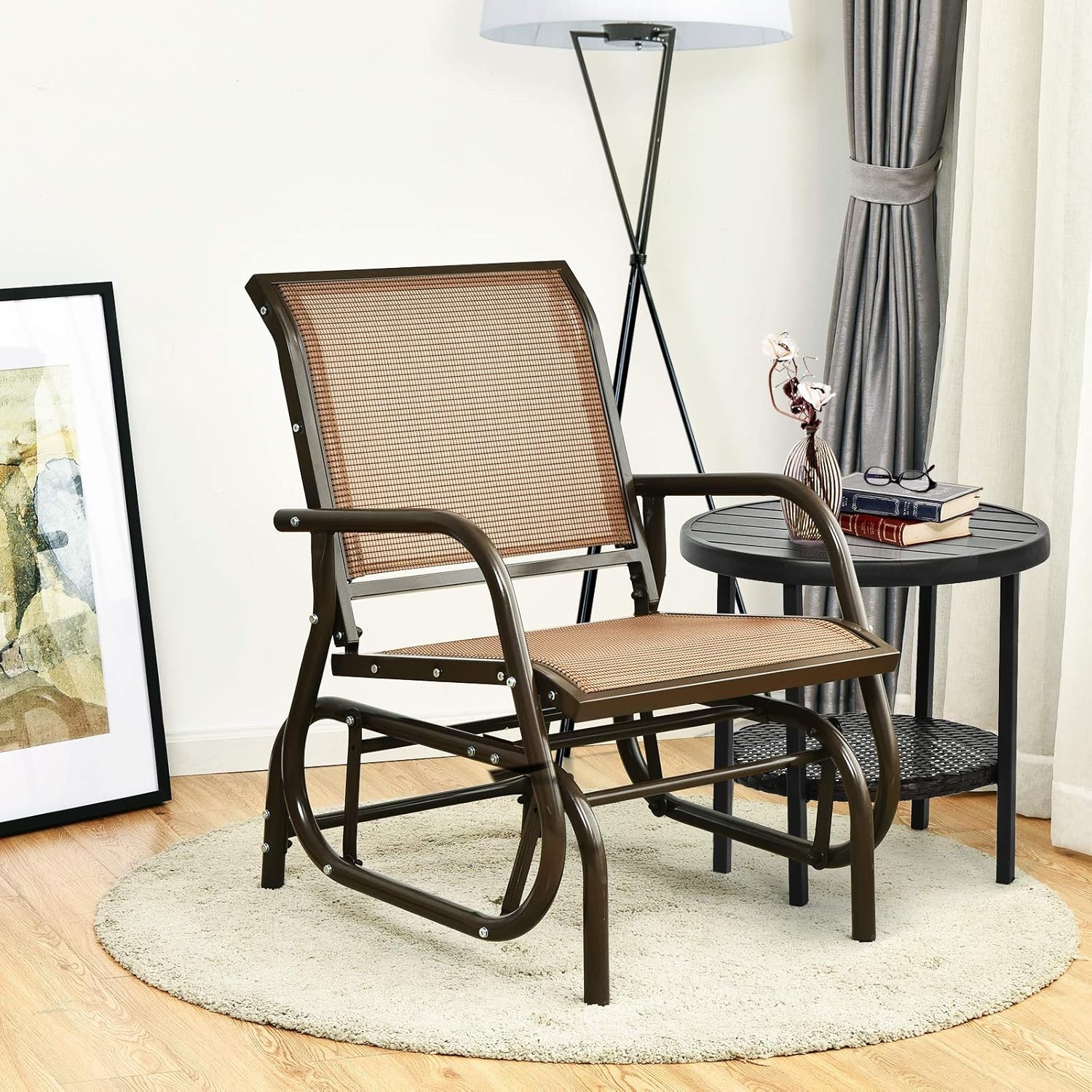 image:imageGiantex Swing Glider Chair WStudy Metal Frame Comfortable Patio Chair LoveSeat for Garden Porch Backyard Poolside Lawn Outdoor Rocking Chair 2 BrownBrown