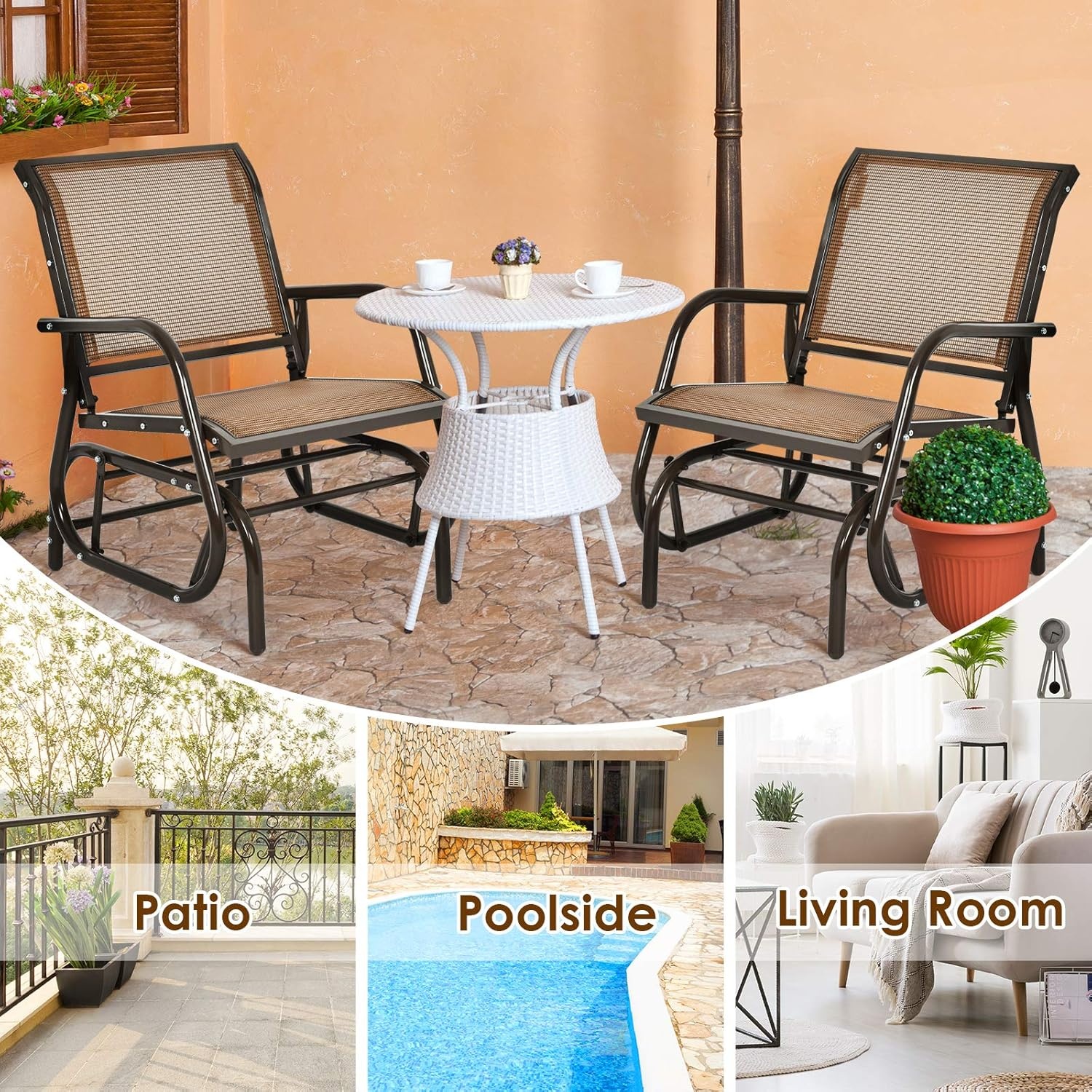 image:imageGiantex Swing Glider Chair WStudy Metal Frame Comfortable Patio Chair LoveSeat for Garden Porch Backyard Poolside Lawn Outdoor Rocking Chair 2 BrownBrown