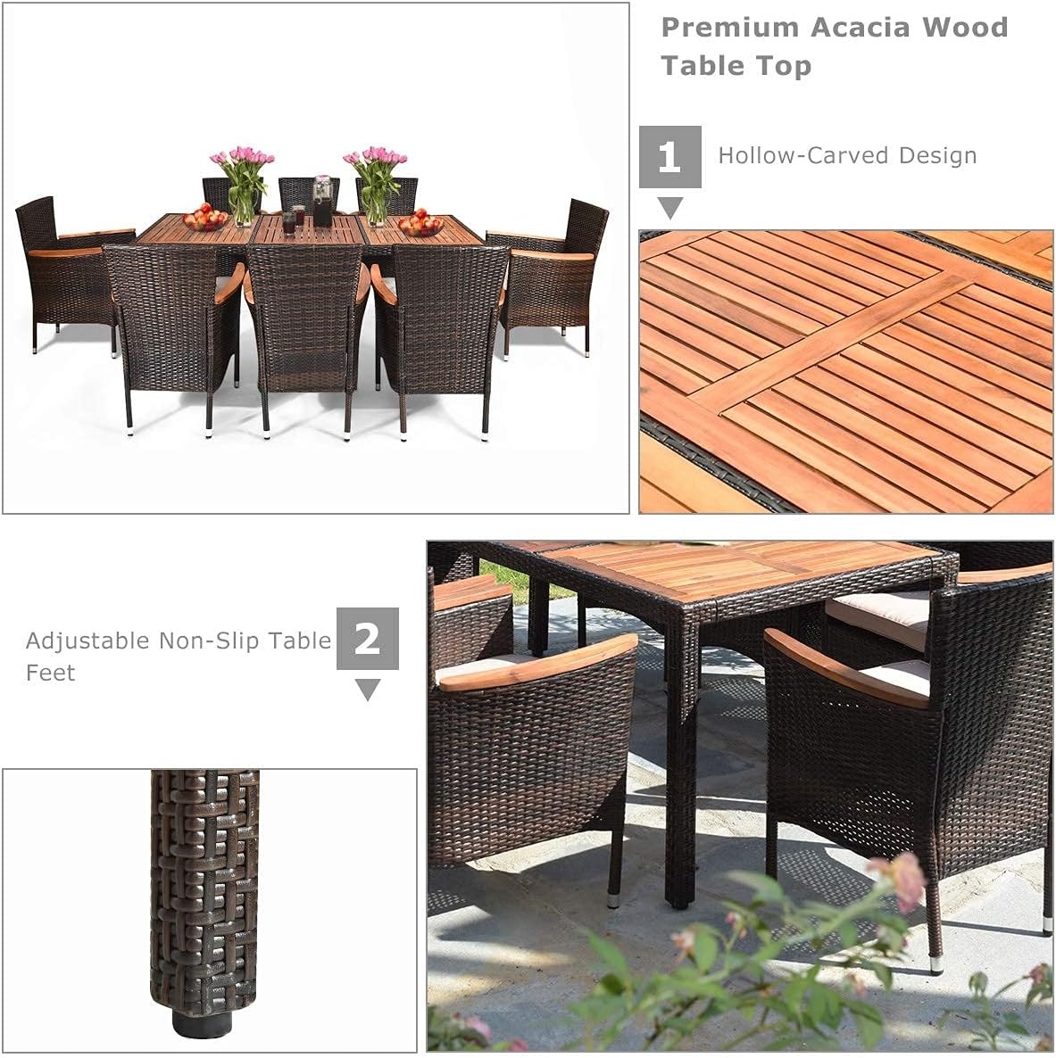 image:imageReunionG 9PCS Outdoor Patio Dining Set Garden Rattan Wick Furniture Set wAcacia Wood Table and Stackable Armrest Chairs Garden Dining Set for Patio Poolside Balcony and Indoor Cushions Included