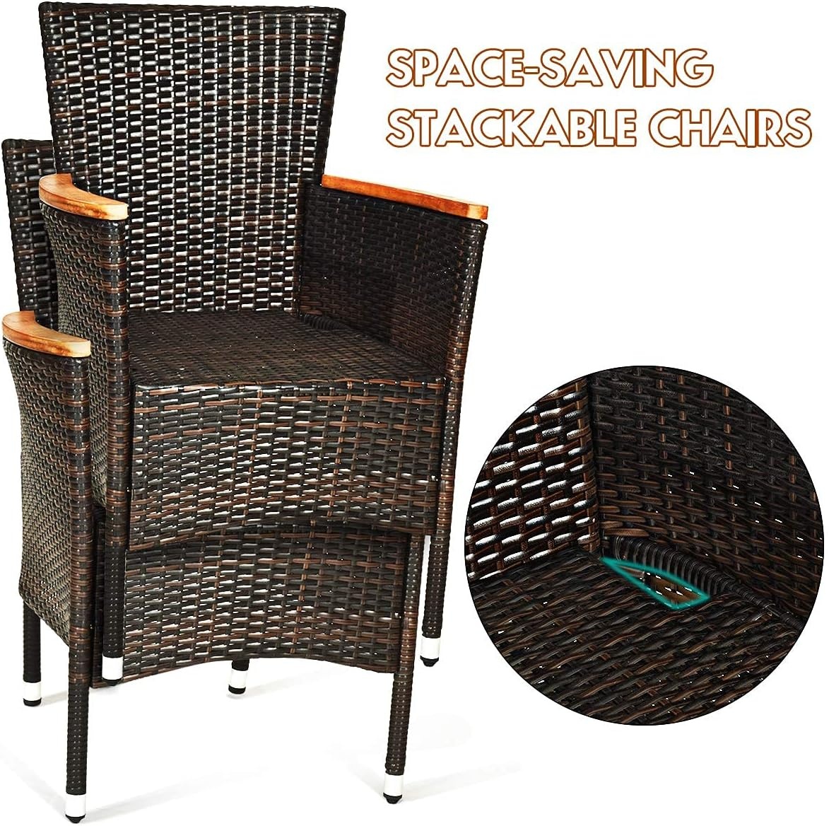 image:imageReunionG 9PCS Outdoor Patio Dining Set Garden Rattan Wick Furniture Set wAcacia Wood Table and Stackable Armrest Chairs Garden Dining Set for Patio Poolside Balcony and Indoor Cushions Included