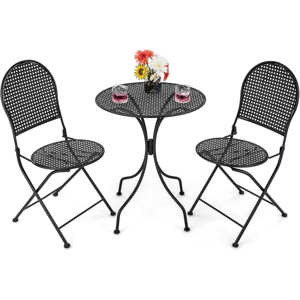 image:imageGiantex 3 Pieces Patio Bistro Set Outdoor Dining Table Set for 2 1 Round Table with 2 Folding Chairs RustResistant for Backyard Patio Porch Garden Backyard BlackBlack