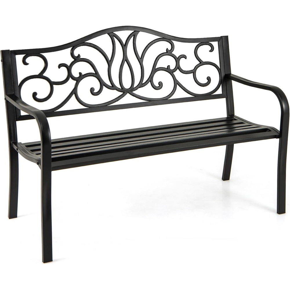 image:imageGiantex 50 Inches Outdoor Bench with Floral Pattern Ergonomic Backrest amp Slatted Surface Metal Frame 660lbs Capacity 23 People Loveseat Patio Bench for Park Garden Yard Porch Outside Black