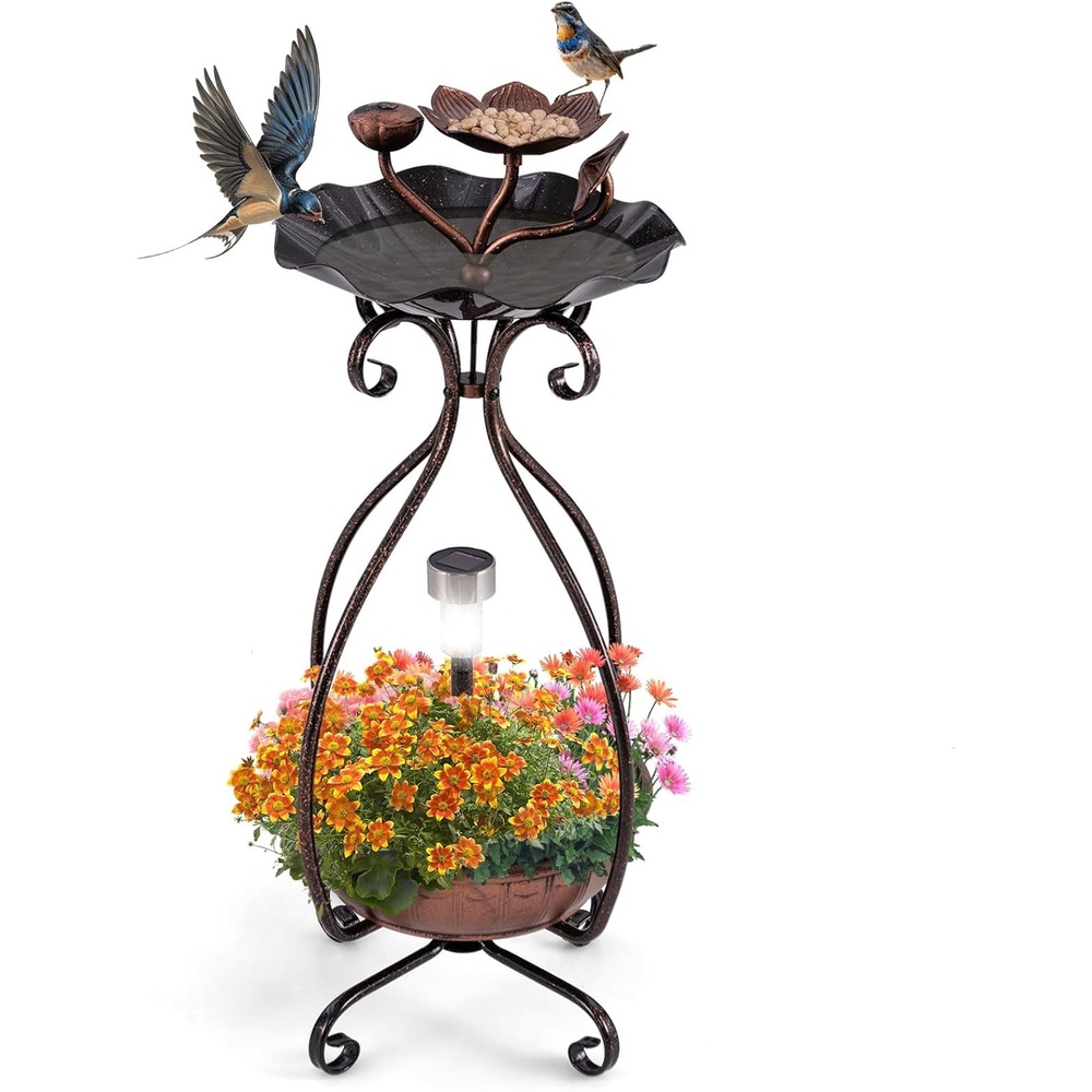 image:imageGiantex Bird Bath with Planter Solar Lighted Bird Bath for Outside with Bird Feeder Lotus Water Bowl for Bathing Flower Planter with Drainage Holes Standing Birdbath for Garden Yard BronzeBronze