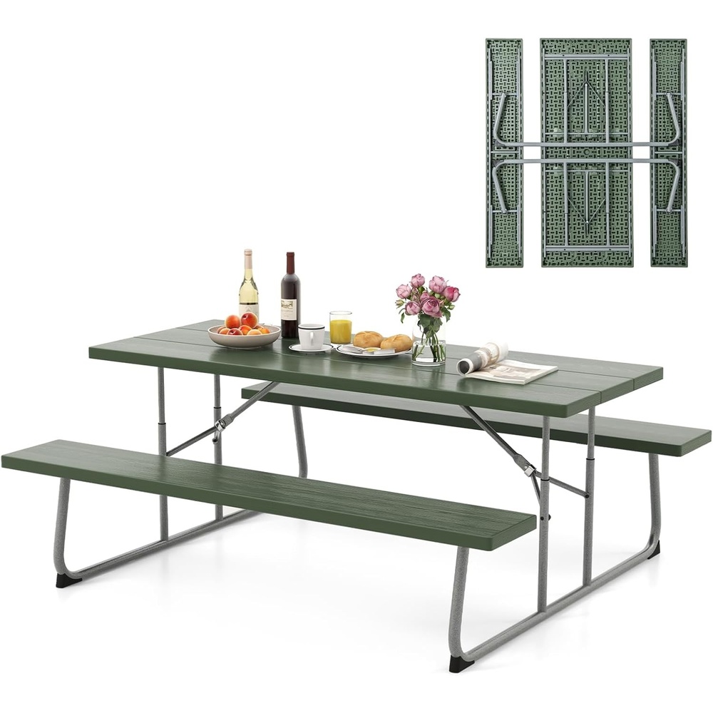 image:imageGiantex Folding Picnic Table  6 FT Outdoor Table Bench Set for 8 Persons wAllWeather HDPE Tabletop Metal Leg Umbrella Hole Large Outside Dining Table for Patio Garden Yard Poolside GreenGreen