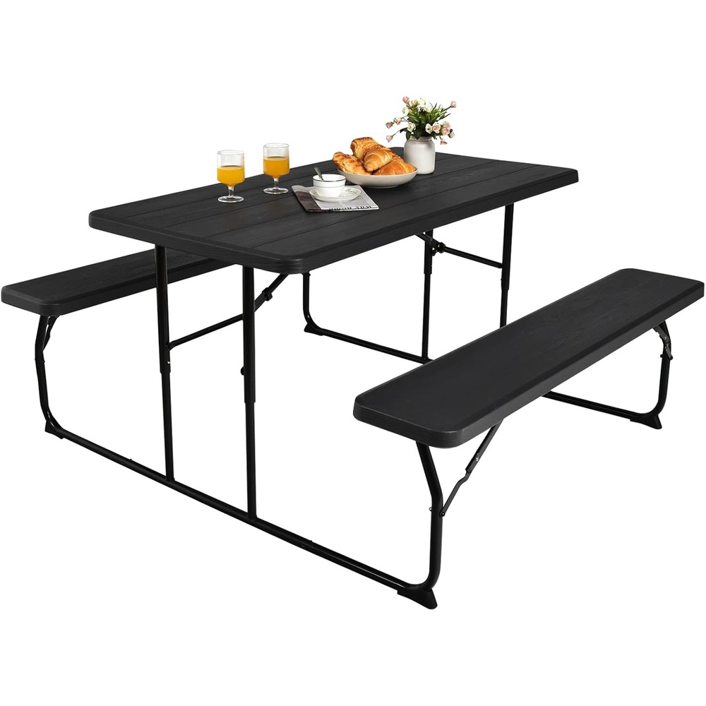 image:imageGiantex Folding Picnic Table  6 FT Outdoor Table Bench Set for 8 Persons wAllWeather HDPE Tabletop Metal Leg Umbrella Hole Large Outside Dining Table for Patio Garden Yard Poolside GreenBlack