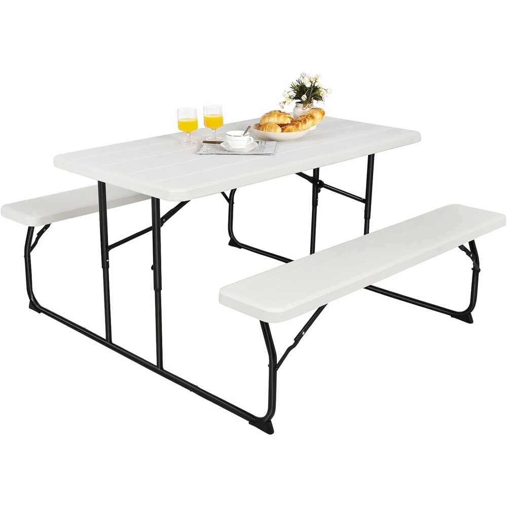 image:imageGiantex Folding Picnic Table  6 FT Outdoor Table Bench Set for 8 Persons wAllWeather HDPE Tabletop Metal Leg Umbrella Hole Large Outside Dining Table for Patio Garden Yard Poolside GreenWhite