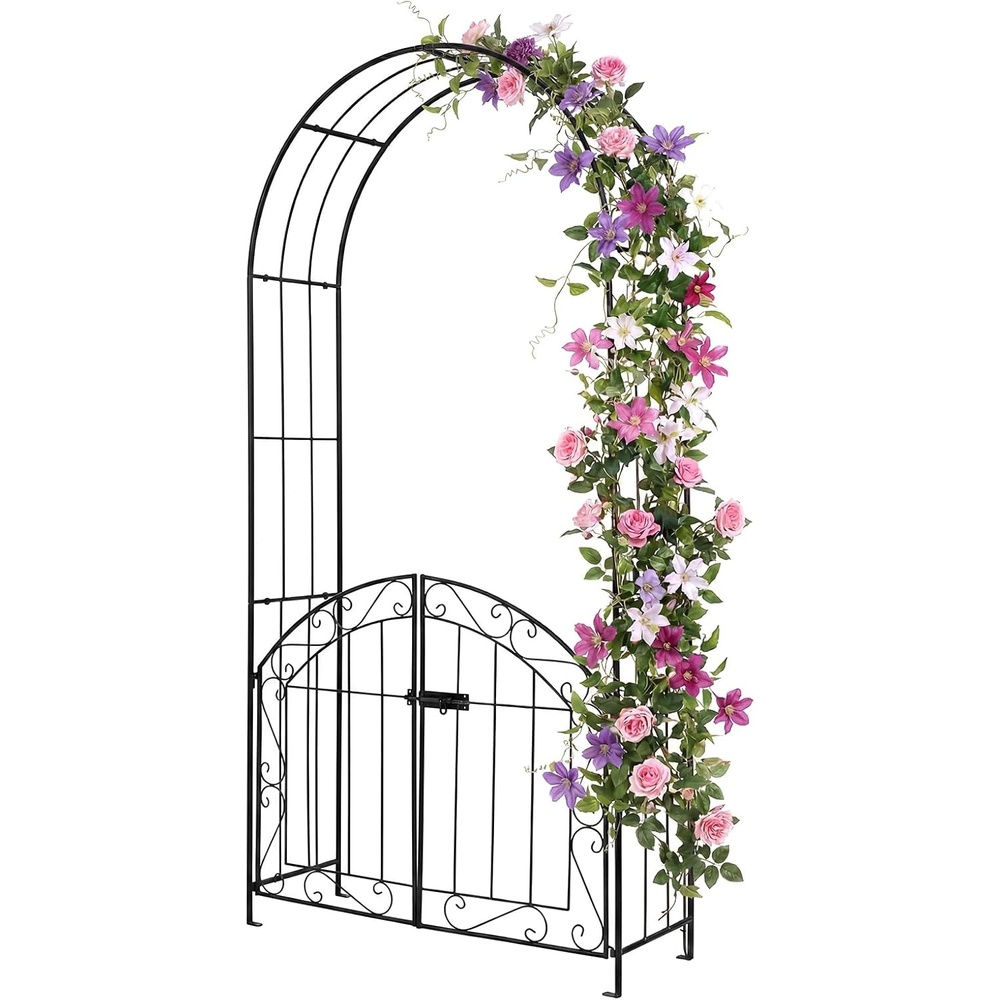 image:imageGiantex Garden Arch with Gate 79 H x 39 W HeavyDuty Metal Arbor Trellis with Safety Latch 4 Ground Stakes for Climbing Plants Vines Outdoor Archway for Lawn Patio Wedding amp Party BlackBlack