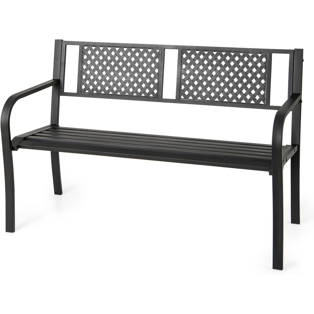 image:imageGiantex Outdoor Bench with PE Rattan Backrest Curved Armrests Slatted Seat for 23 Persons HeavyDuty Outdoor Seating Furniture Garden Bench for Patio Backyard Poolside Porch Park BrownBlack