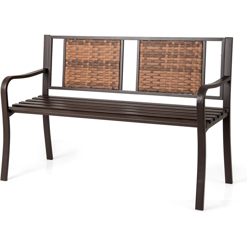 image:imageGiantex Outdoor Bench with PE Rattan Backrest Curved Armrests Slatted Seat for 23 Persons HeavyDuty Outdoor Seating Furniture Garden Bench for Patio Backyard Poolside Porch Park BrownBrown