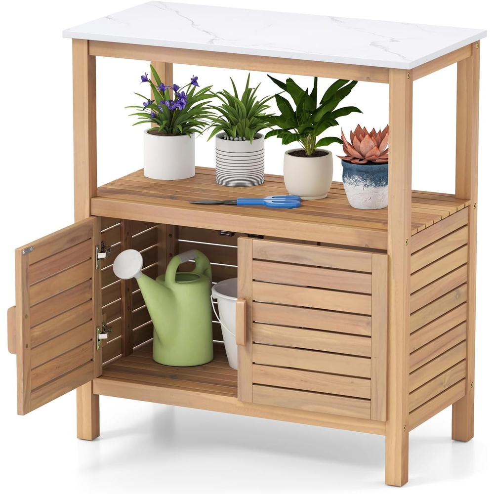 image:imageGiantex Outdoor Potting Bench Acacia Wood Planting Workstation with 2Door Storage Cabinet Faux Marble Tabletop Open Storage Shelves Garden Potting Table for Horticulture315Lx16Wx355H