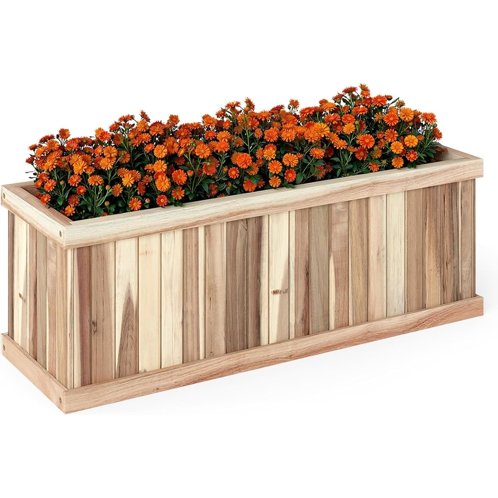 image:imageGiantex Raised Garden Bed Set of 2 31x14x12 Wooden Elevated Planter Box with 4 Drainage Holes amp Detachable Bottom Panels Flower Bed Rectangular Plant Container for Vegetables Herbs amp FruitsNatural