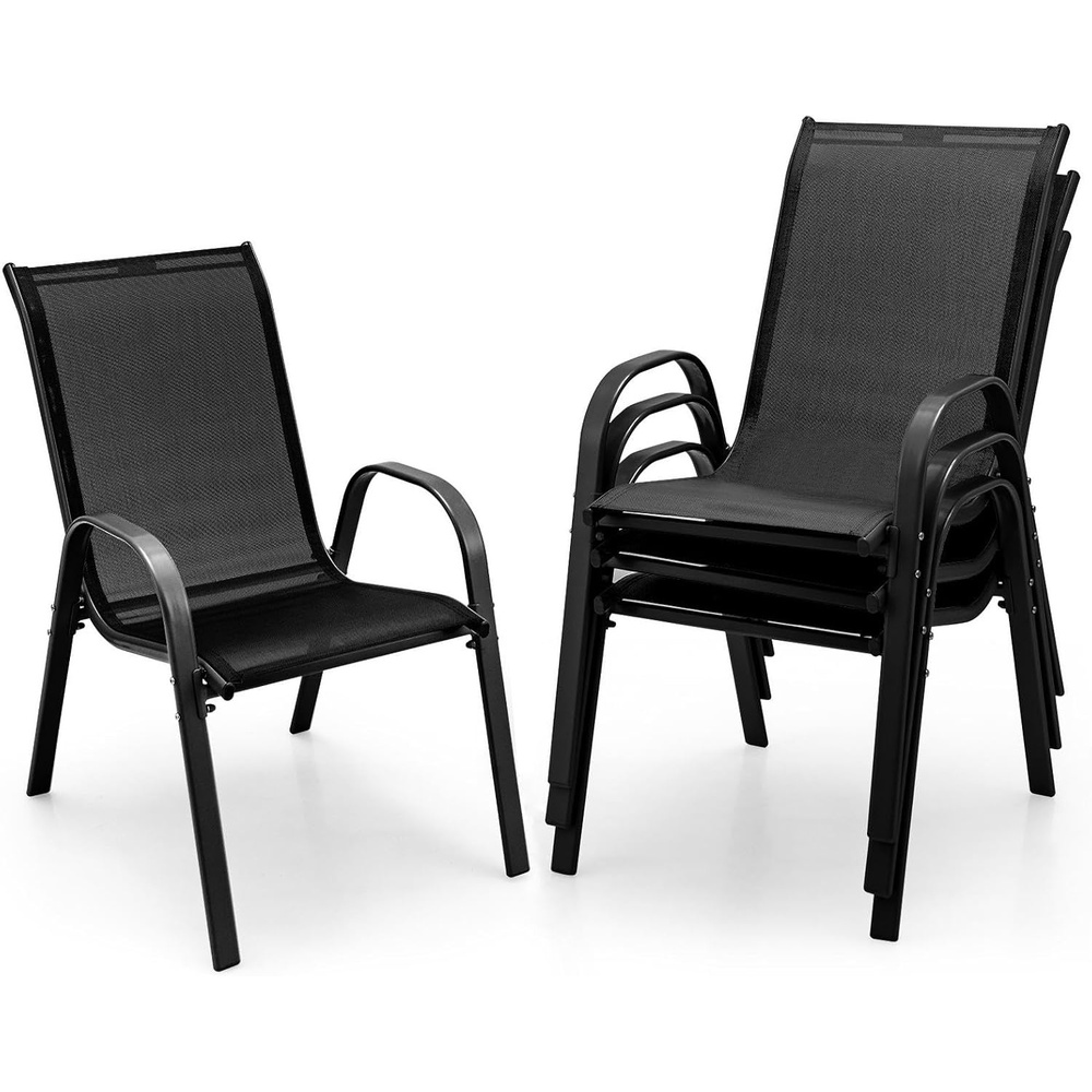 image:imageGiantex Set of 4 Patio Chairs Stackable Outdoor Dining Chairs 330 LBS Capacity All Weather Resistant Heavy Duty Rustproof Metal Armchairs Lawn Chairs for Front Porch Yard Pool GardenBlack