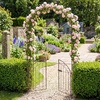Giantex Garden Arch with Gate, 79″ H x 39″ W Heavy-Duty Metal Arbor Trellis with Safety Latch, 4 Ground Stakes for Climbing Plants Vines, Outdoor Archway for Lawn, Patio, Wedding & Party (Black)(Bronze)