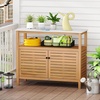 Giantex Outdoor Potting Bench, Acacia Wood Planting Workstation with 2-Door Storage Cabinet, Faux Marble Tabletop, Open Storage Shelves, Garden Potting Table for Horticulture(44″Lx 16″Wx36”H)