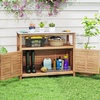 Giantex Outdoor Potting Bench, Acacia Wood Planting Workstation with 2-Door Storage Cabinet, Faux Marble Tabletop, Open Storage Shelves, Garden Potting Table for Horticulture(44″Lx 16″Wx36”H)