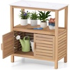 Giantex Outdoor Potting Bench, Acacia Wood Planting Workstation with 2-Door Storage Cabinet, Faux Marble Tabletop, Open Storage Shelves, Garden Potting Table for Horticulture(31.5”Lx16”Wx35.5”H)
