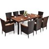 ReunionG 9PCS Outdoor Patio Dining Set, Garden Rattan Wick Furniture Set w/Acacia Wood Table and Stackable Armrest Chairs, Garden Dining Set for Patio, Poolside, Balcony and Indoor, Cushions Included