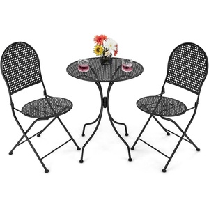 Giantex 3 Pieces Patio Bistro Set, Outdoor Dining Table Set for 2, 1 Round Table with 2 Folding Chairs, Rust-Resistant for Backyard, Patio, Porch, Garden, Backyard (Black)(Black)