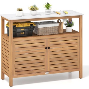 Giantex Outdoor Potting Bench, Acacia Wood Planting Workstation with 2-Door Storage Cabinet, Faux Marble Tabletop, Open Storage Shelves, Garden Potting Table for Horticulture(44″Lx 16″Wx36”H)