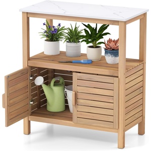 Giantex Outdoor Potting Bench, Acacia Wood Planting Workstation with 2-Door Storage Cabinet, Faux Marble Tabletop, Open Storage Shelves, Garden Potting Table for Horticulture(31.5”Lx16”Wx35.5”H)